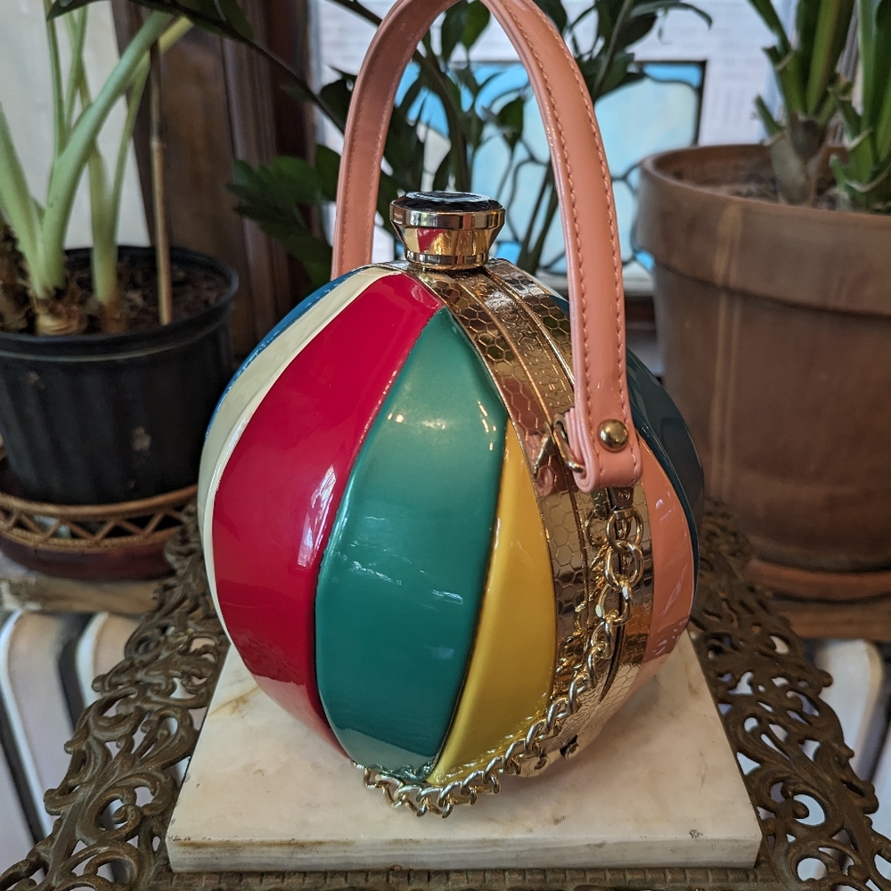 Rainbow Balloon Ball Purse with gold detail and crossbody chain - Picture 2 of 8